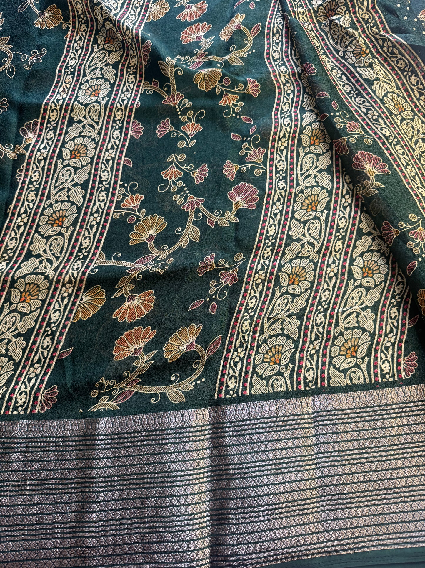 Dark Green Flower Chiffon Saree