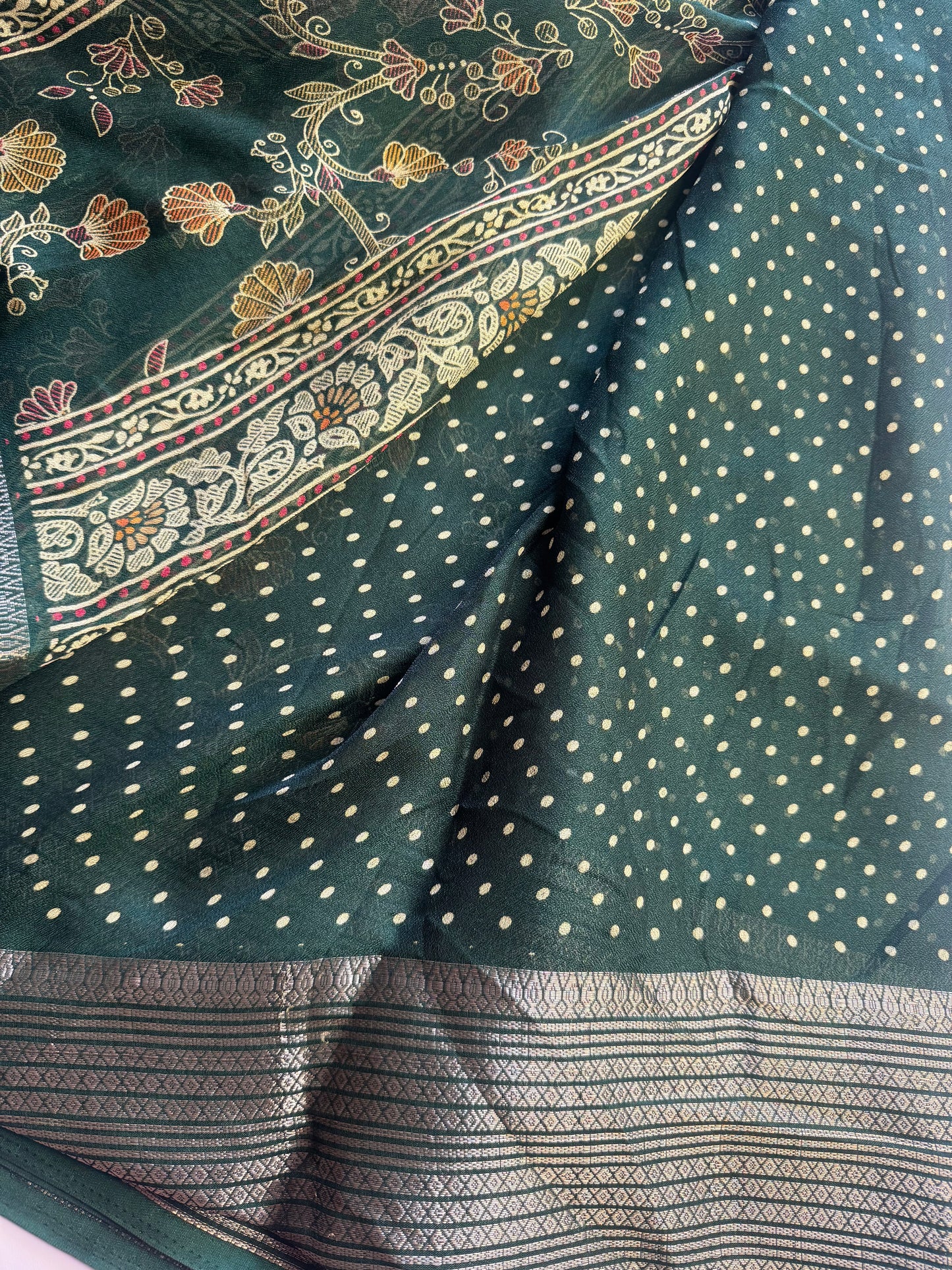 Dark Green Flower Chiffon Saree