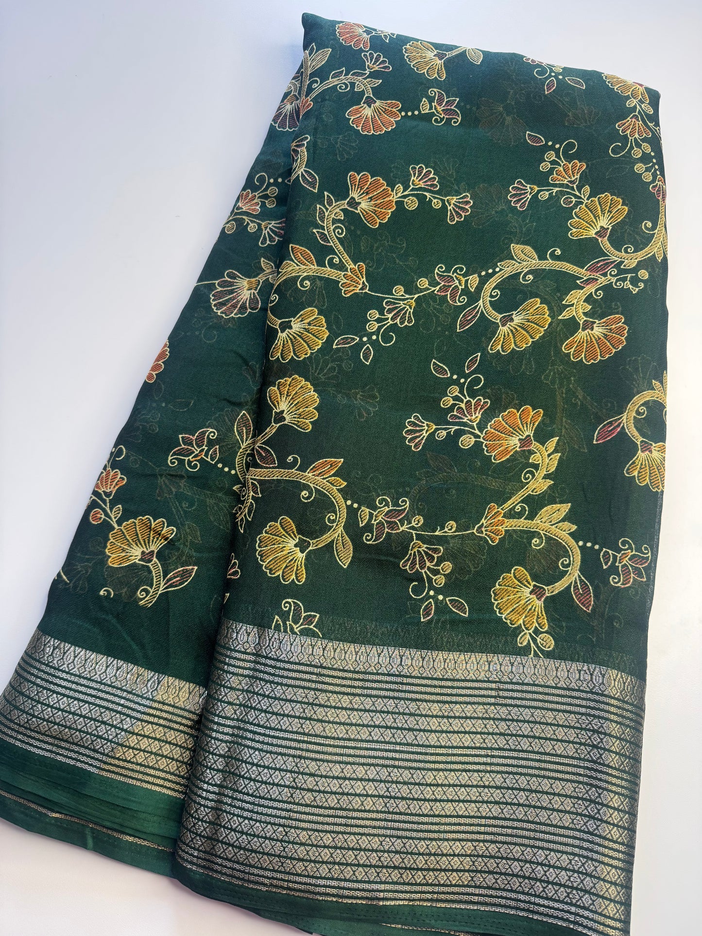 Dark Green Flower Chiffon Saree