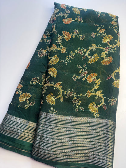 Dark Green Flower Chiffon Saree