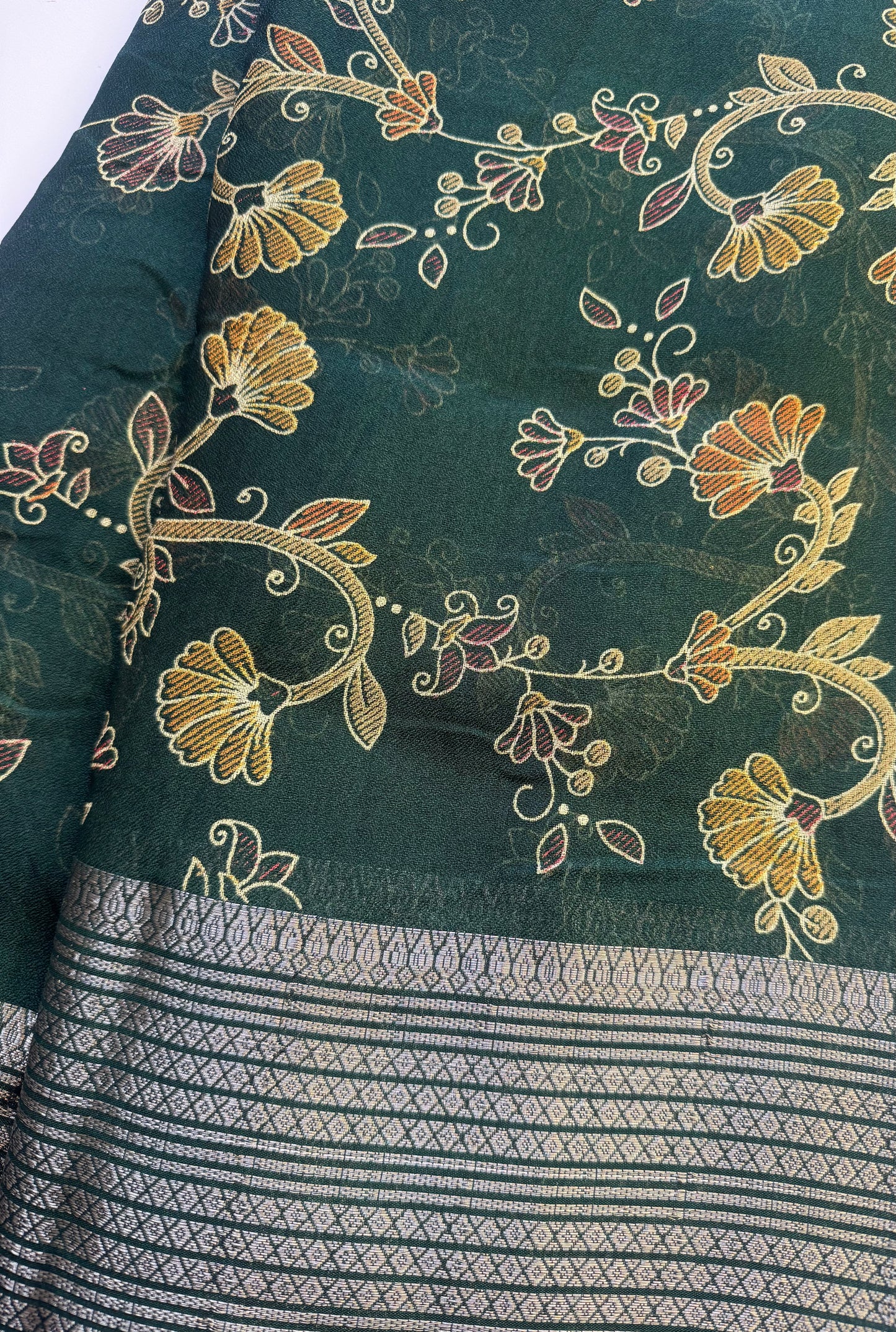 Dark Green Flower Chiffon Saree