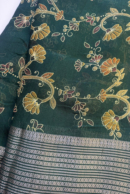 Dark Green Flower Chiffon Saree