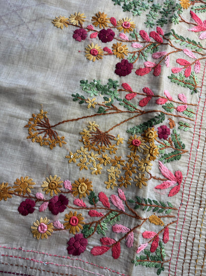 Cream French knot Hand Embroidered Tussar Saree