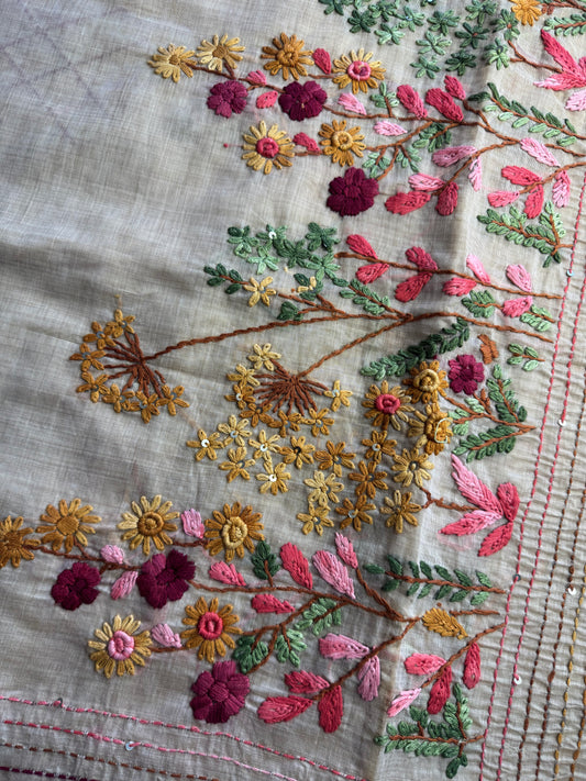 Cream French knot Hand Embroidered Tussar Saree
