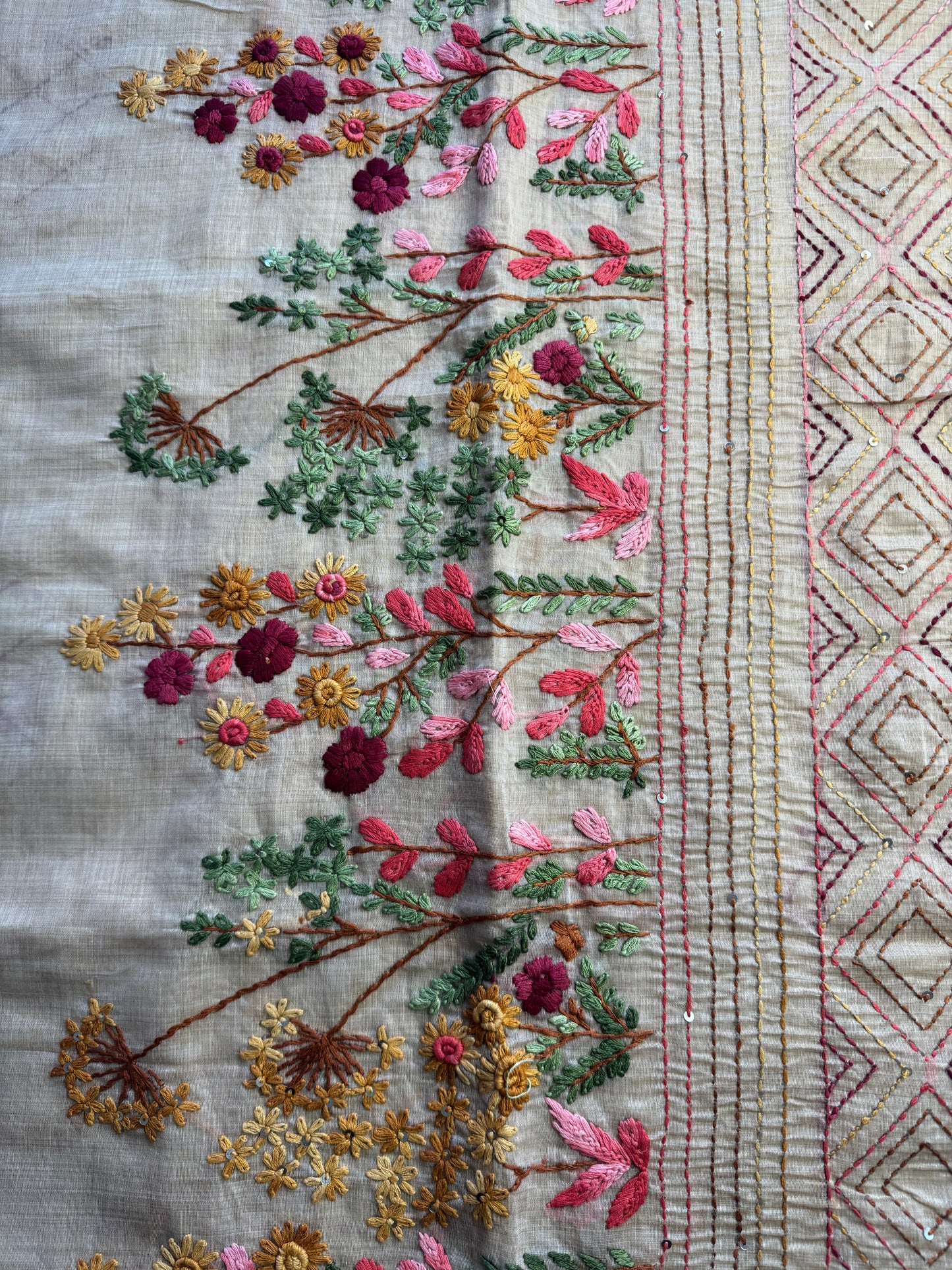 Cream French knot Hand Embroidered Tussar Saree