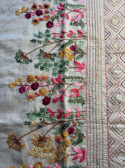 Cream French knot Hand Embroidered Tussar Saree
