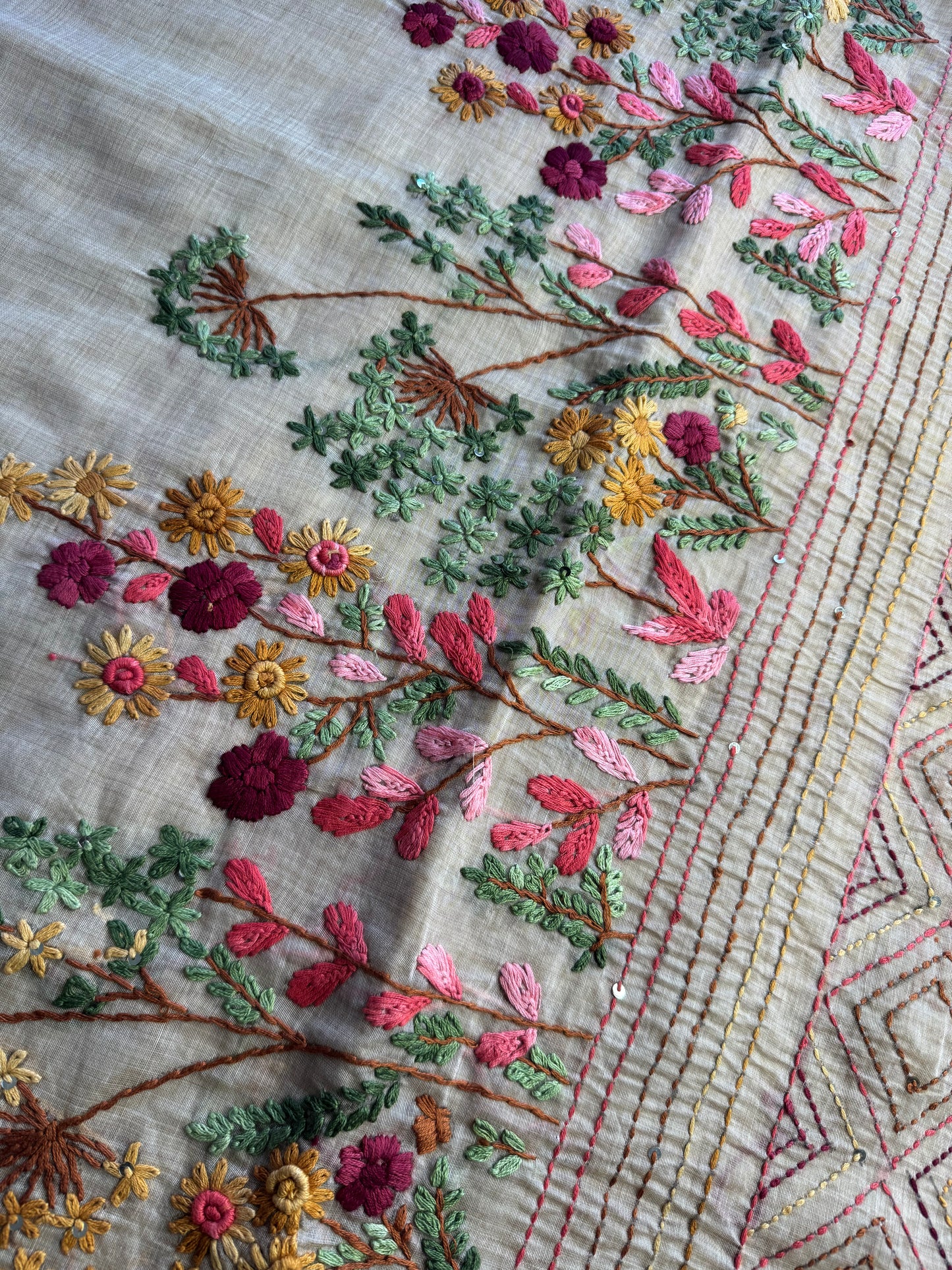 Cream French knot Hand Embroidered Tussar Saree