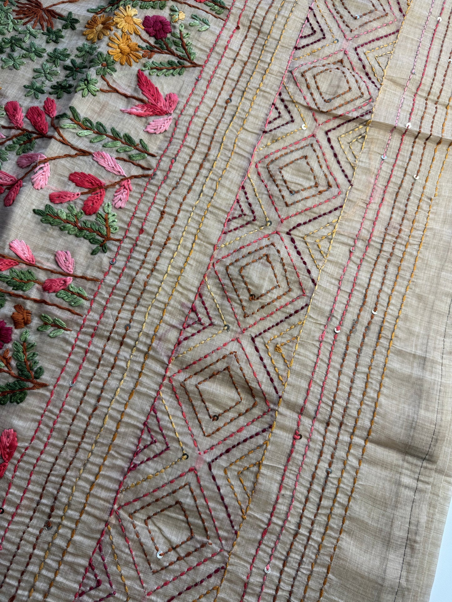 Cream French knot Hand Embroidered Tussar Saree