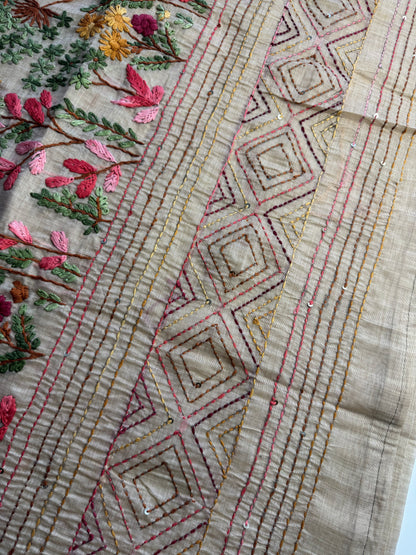 Cream French knot Hand Embroidered Tussar Saree