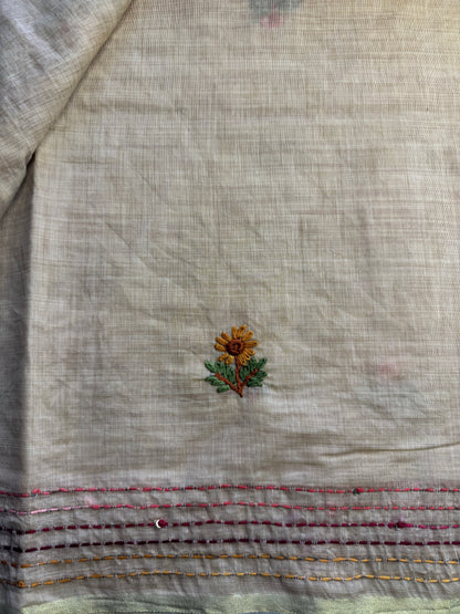 Cream French knot Hand Embroidered Tussar Saree