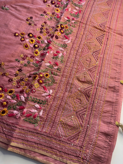 Pink French knot Hand Embroidered Tussar Saree