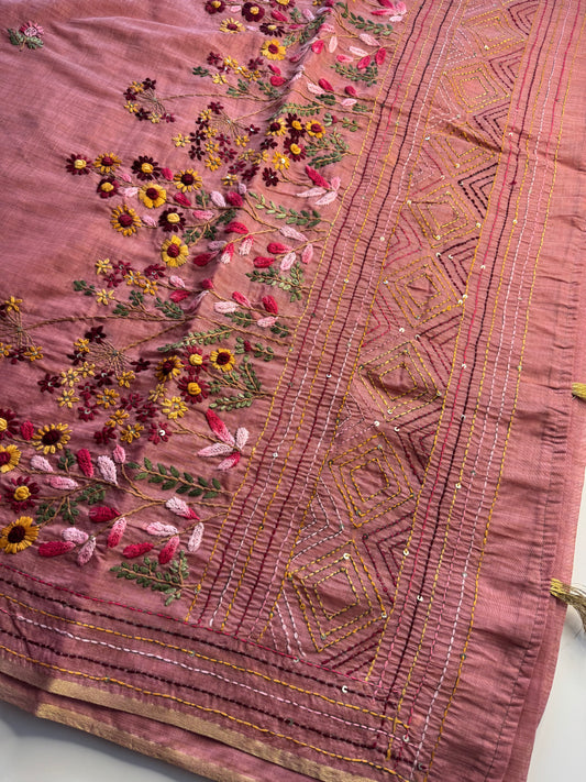 Pink French knot Hand Embroidered Tussar Saree