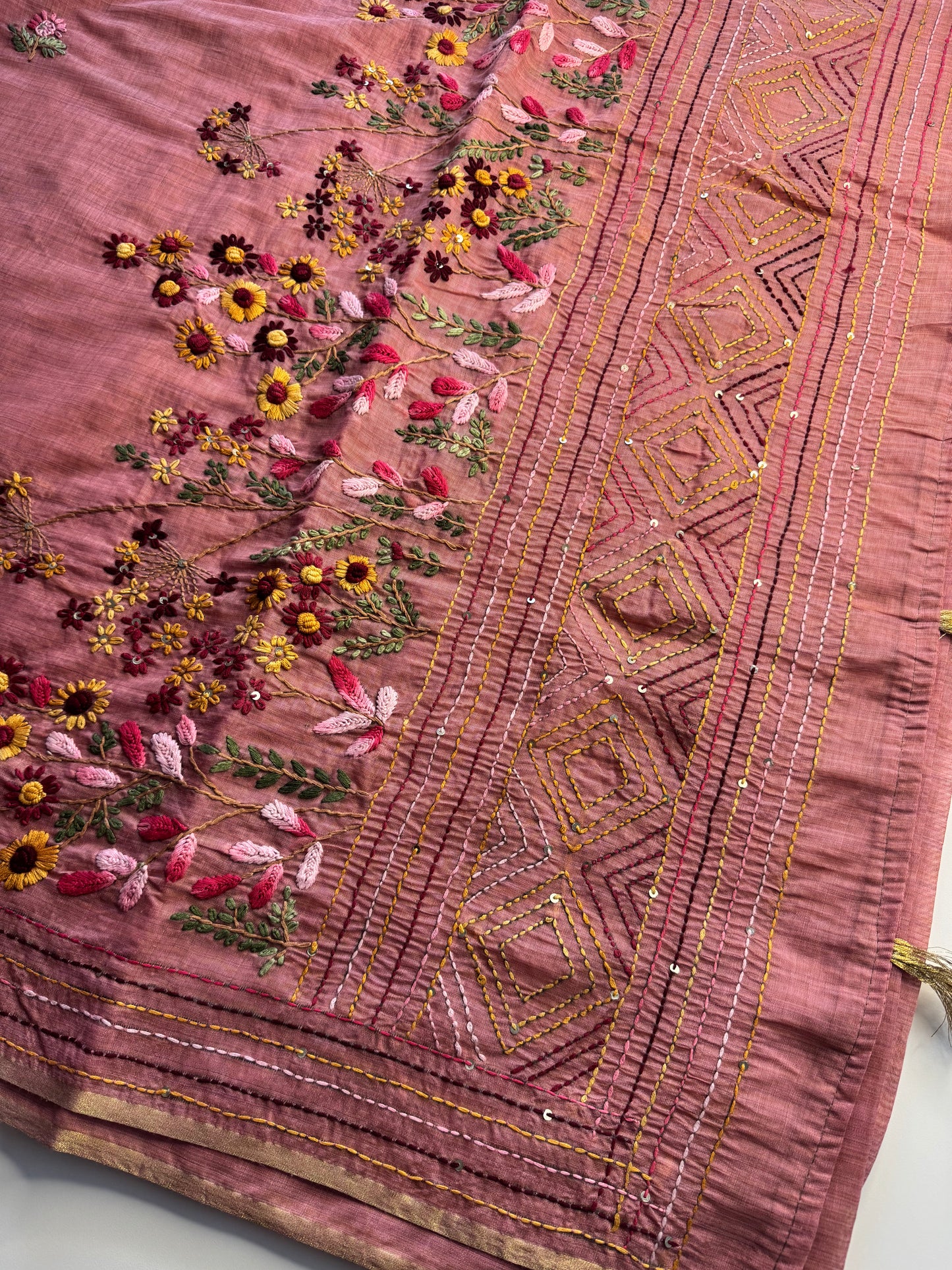 Pink French knot Hand Embroidered Tussar Saree