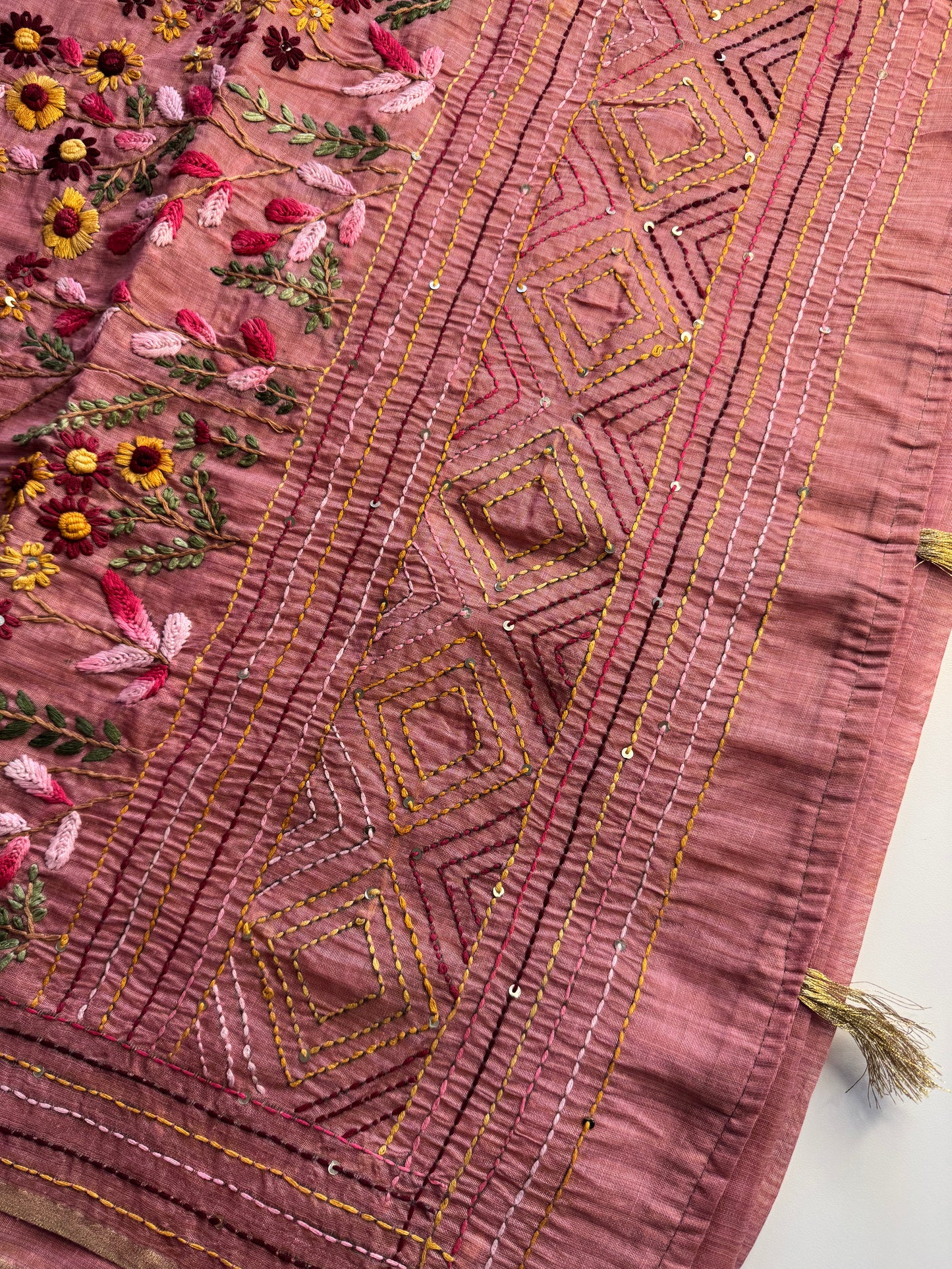 Pink French knot Hand Embroidered Tussar Saree