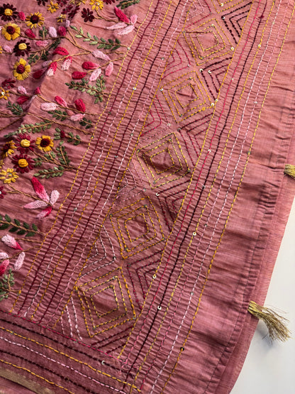 Pink French knot Hand Embroidered Tussar Saree