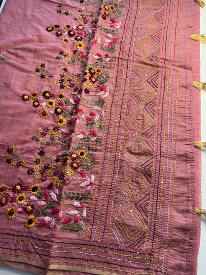 Pink French knot Hand Embroidered Tussar Saree