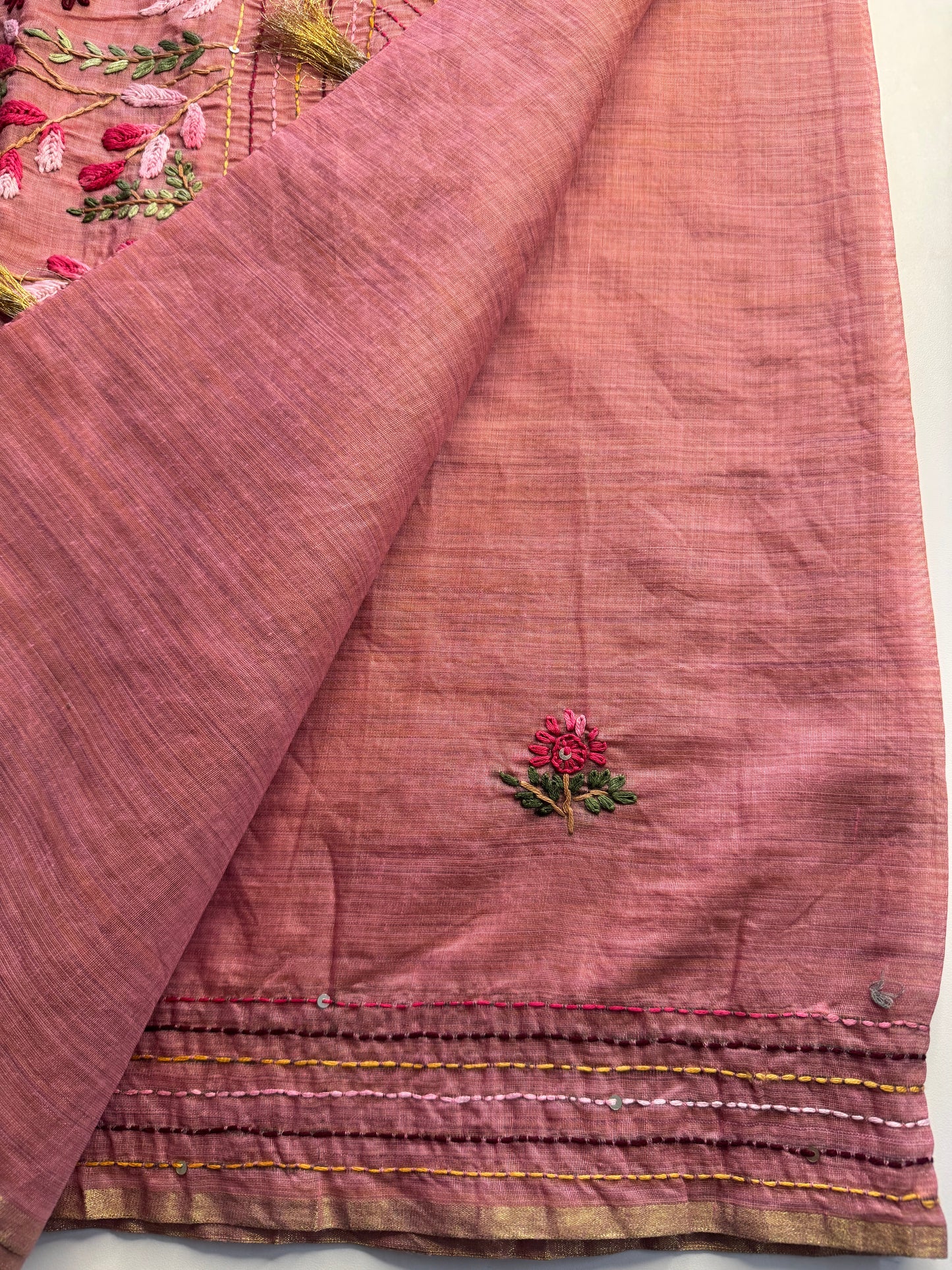 Pink French knot Hand Embroidered Tussar Saree