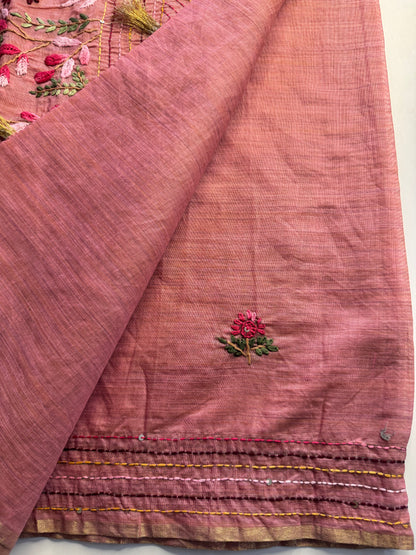 Pink French knot Hand Embroidered Tussar Saree