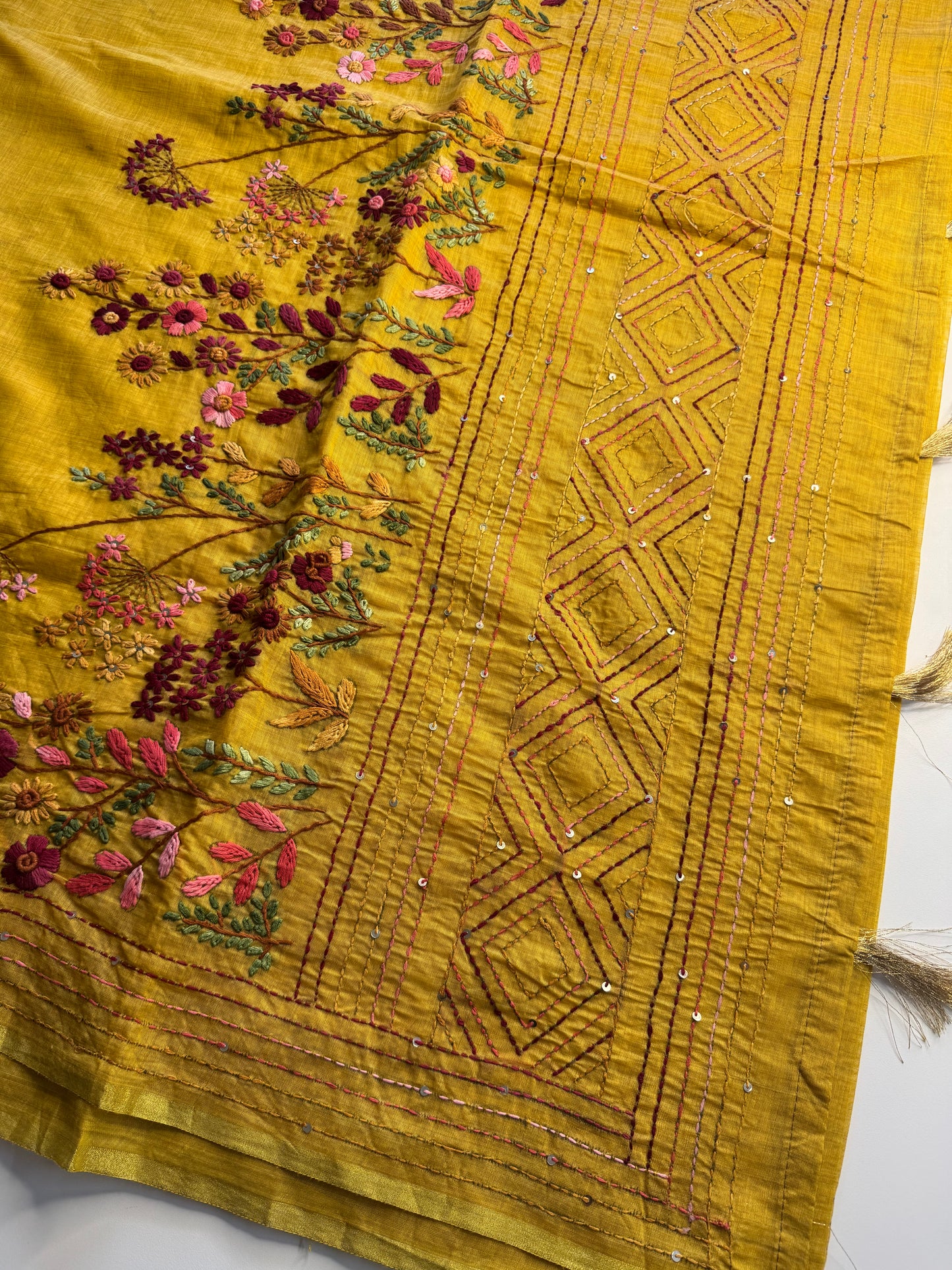 Yellow French knot Hand Embroidered Tussar Saree