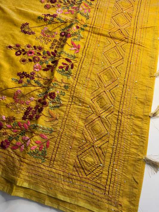 Yellow French knot Hand Embroidered Tussar Saree
