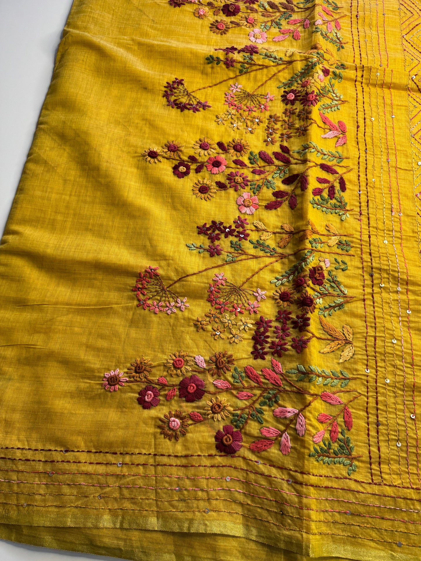 Yellow French knot Hand Embroidered Tussar Saree