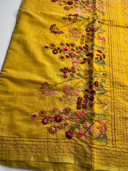Yellow French knot Hand Embroidered Tussar Saree