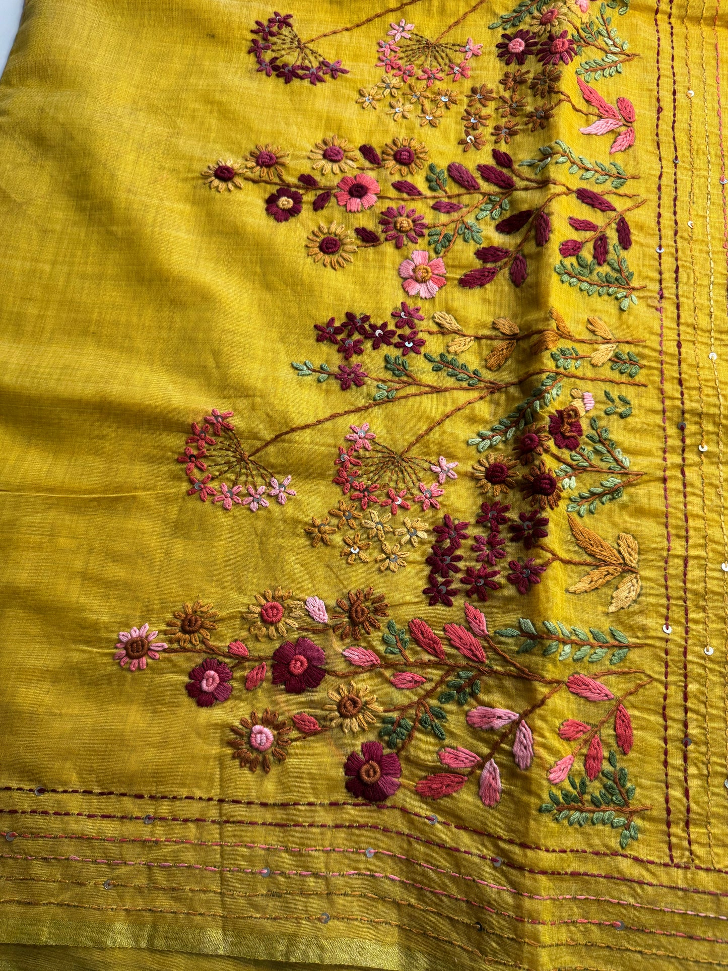 Yellow French knot Hand Embroidered Tussar Saree