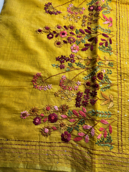Yellow French knot Hand Embroidered Tussar Saree