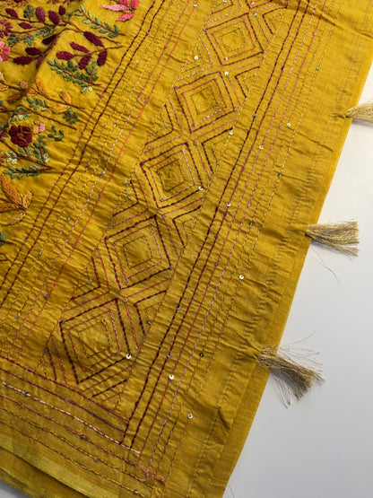Yellow French knot Hand Embroidered Tussar Saree