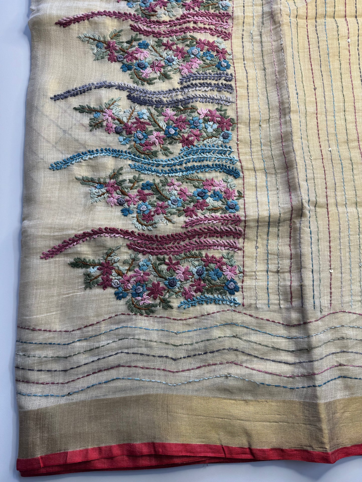 Cream French knot Hand Embroidered linen Saree