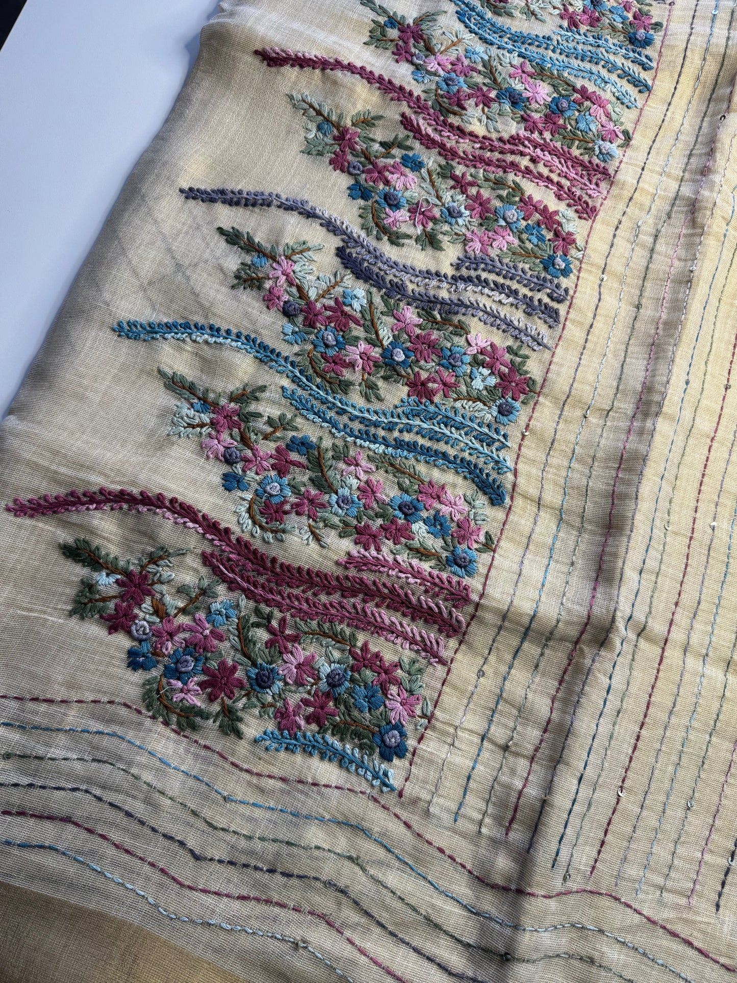 Cream French knot Hand Embroidered linen Saree