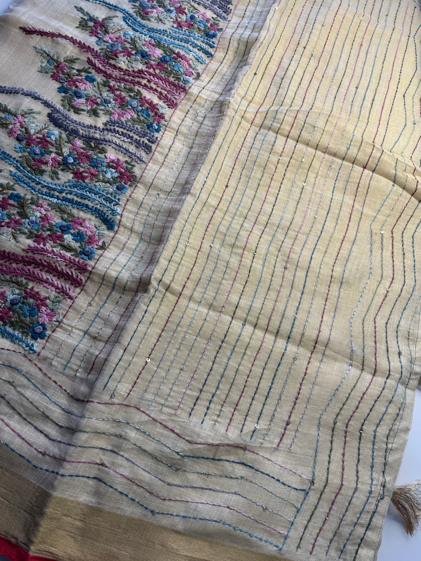 Cream French knot Hand Embroidered linen Saree