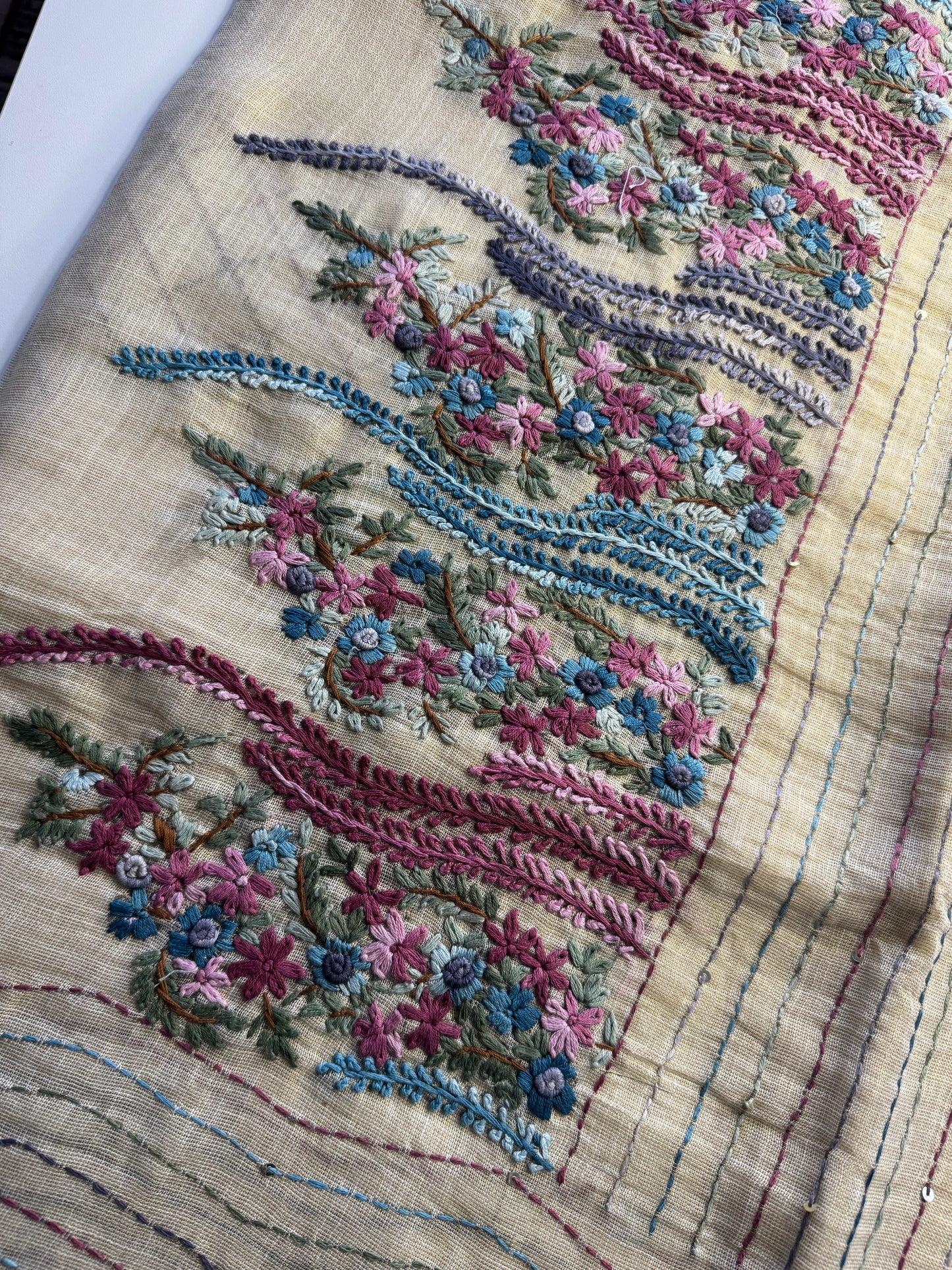 Cream French knot Hand Embroidered linen Saree