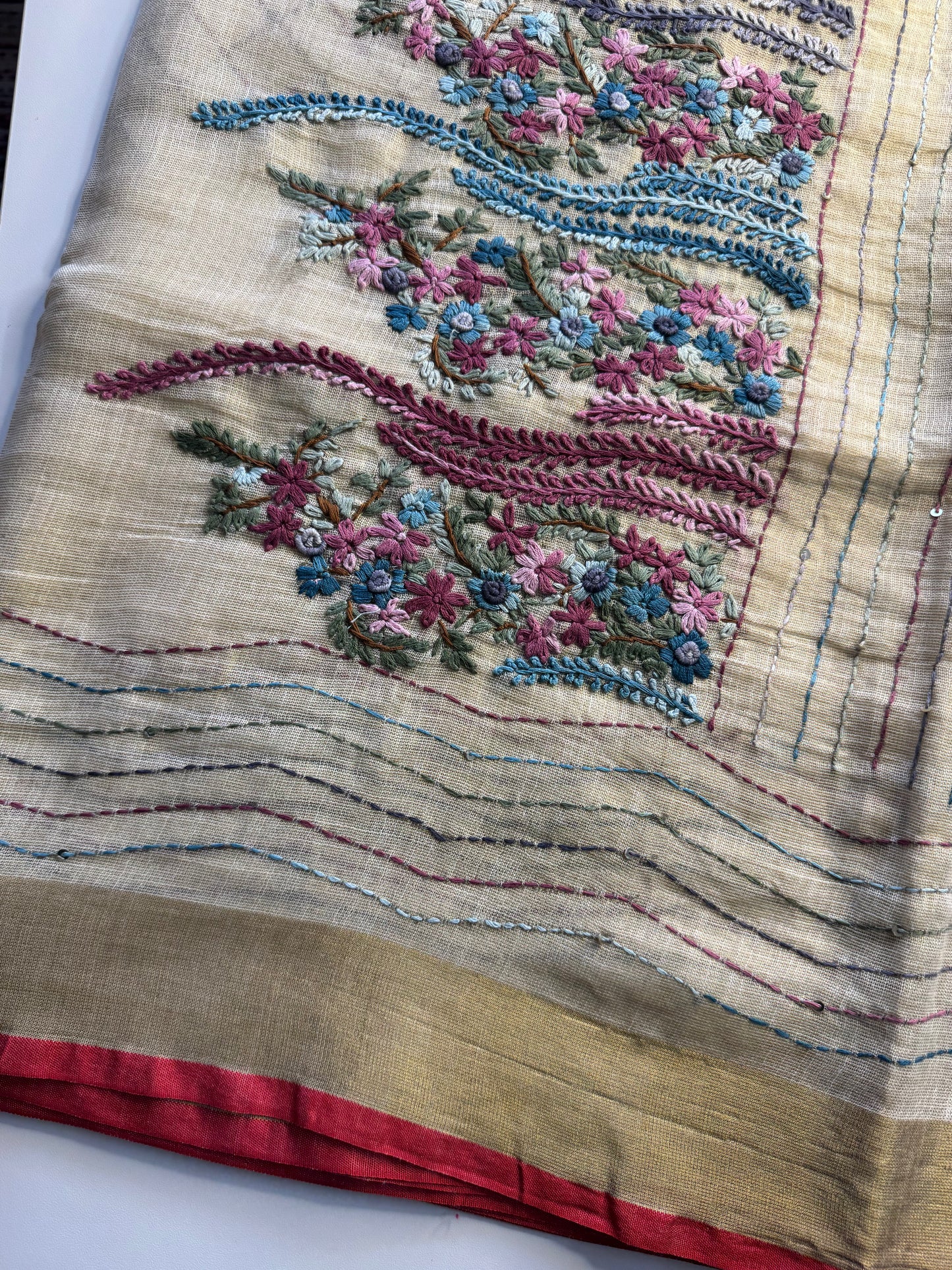 Cream French knot Hand Embroidered linen Saree