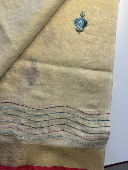 Cream French knot Hand Embroidered linen Saree