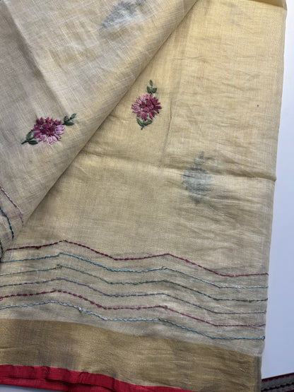 Cream French knot Hand Embroidered linen Saree