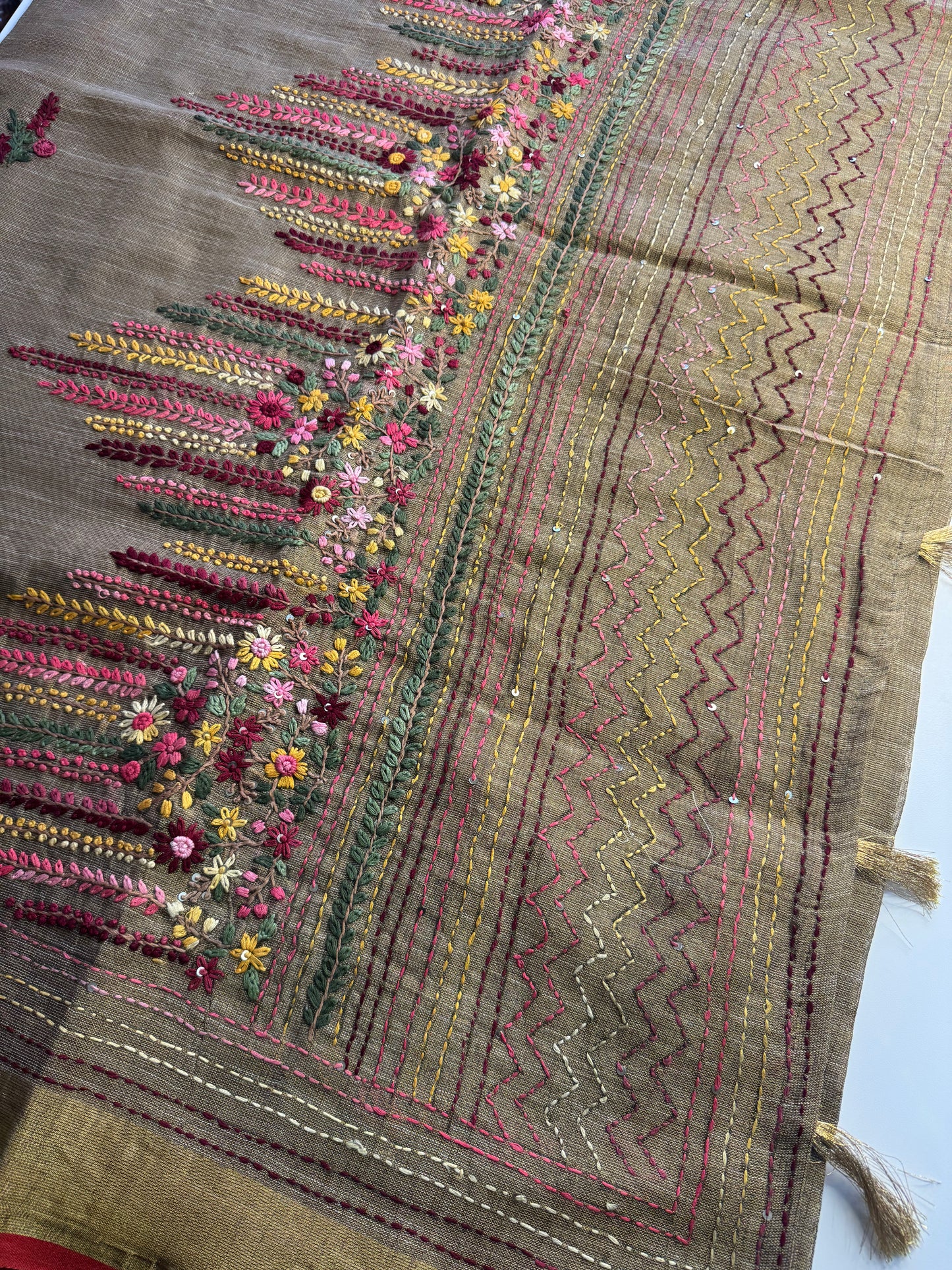 Brown French knot Hand Embroidered linen Saree