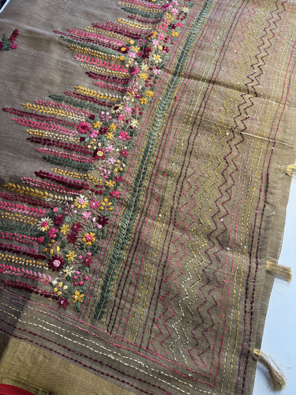 Brown French knot Hand Embroidered linen Saree