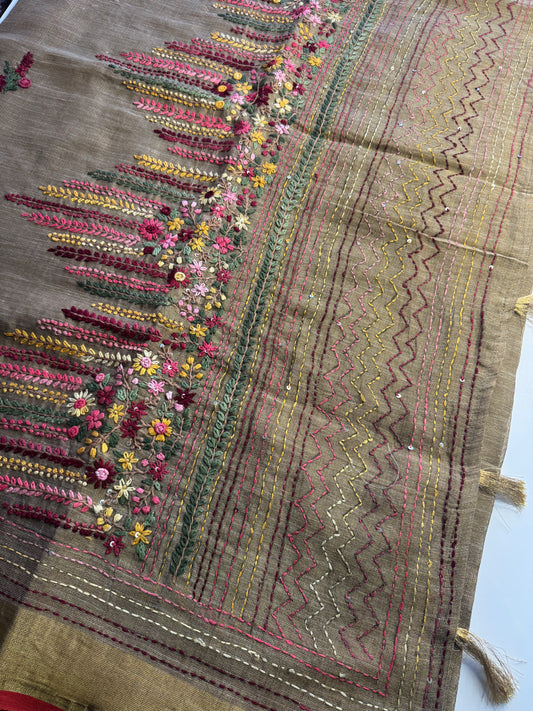 Brown French knot Hand Embroidered linen Saree