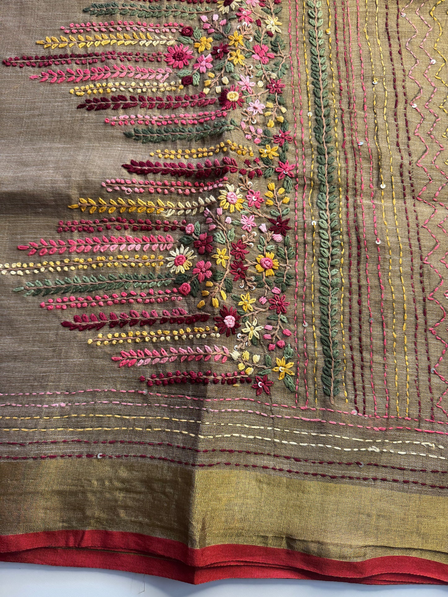 Brown French knot Hand Embroidered linen Saree