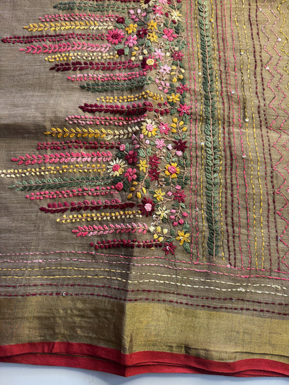 Brown French knot Hand Embroidered linen Saree