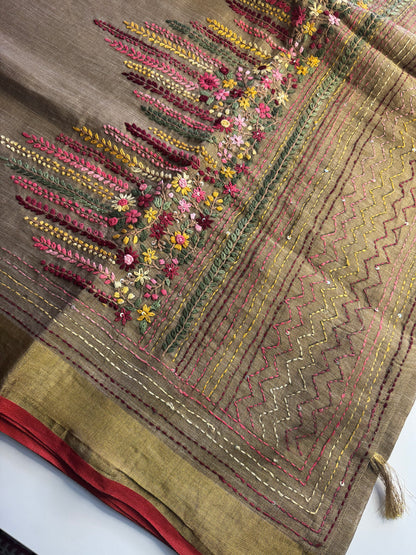 Brown French knot Hand Embroidered linen Saree