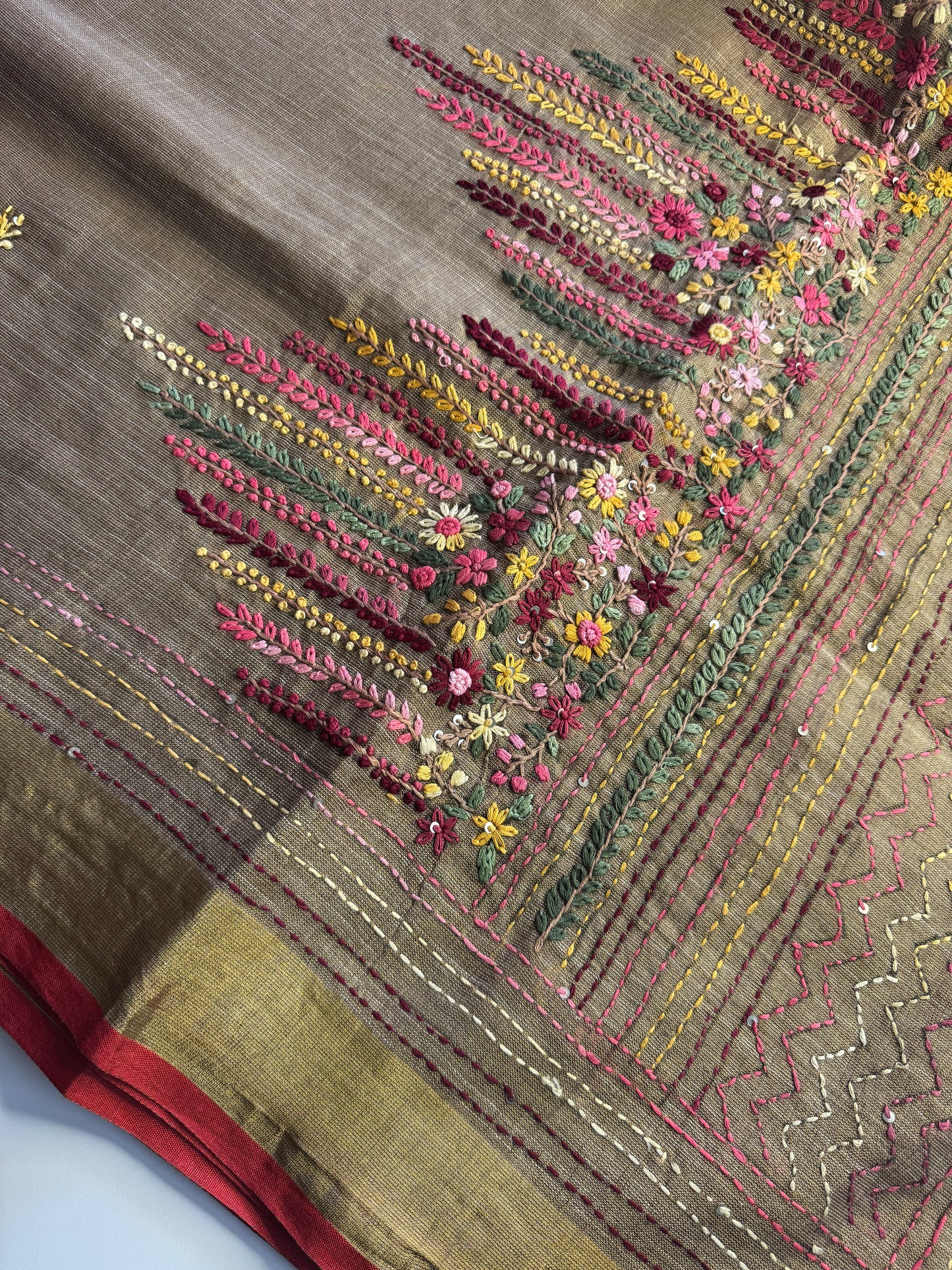 Brown French knot Hand Embroidered linen Saree