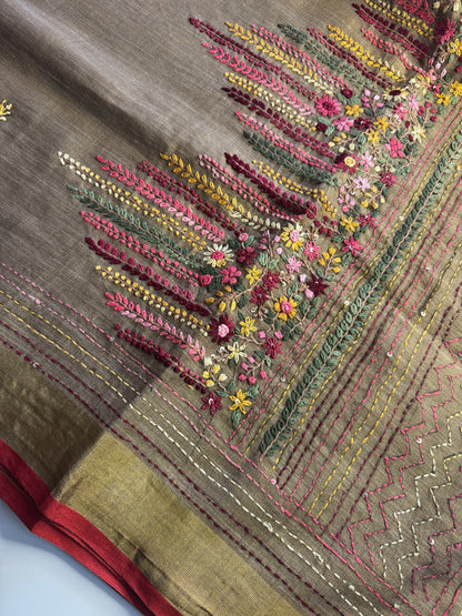 Brown French knot Hand Embroidered linen Saree