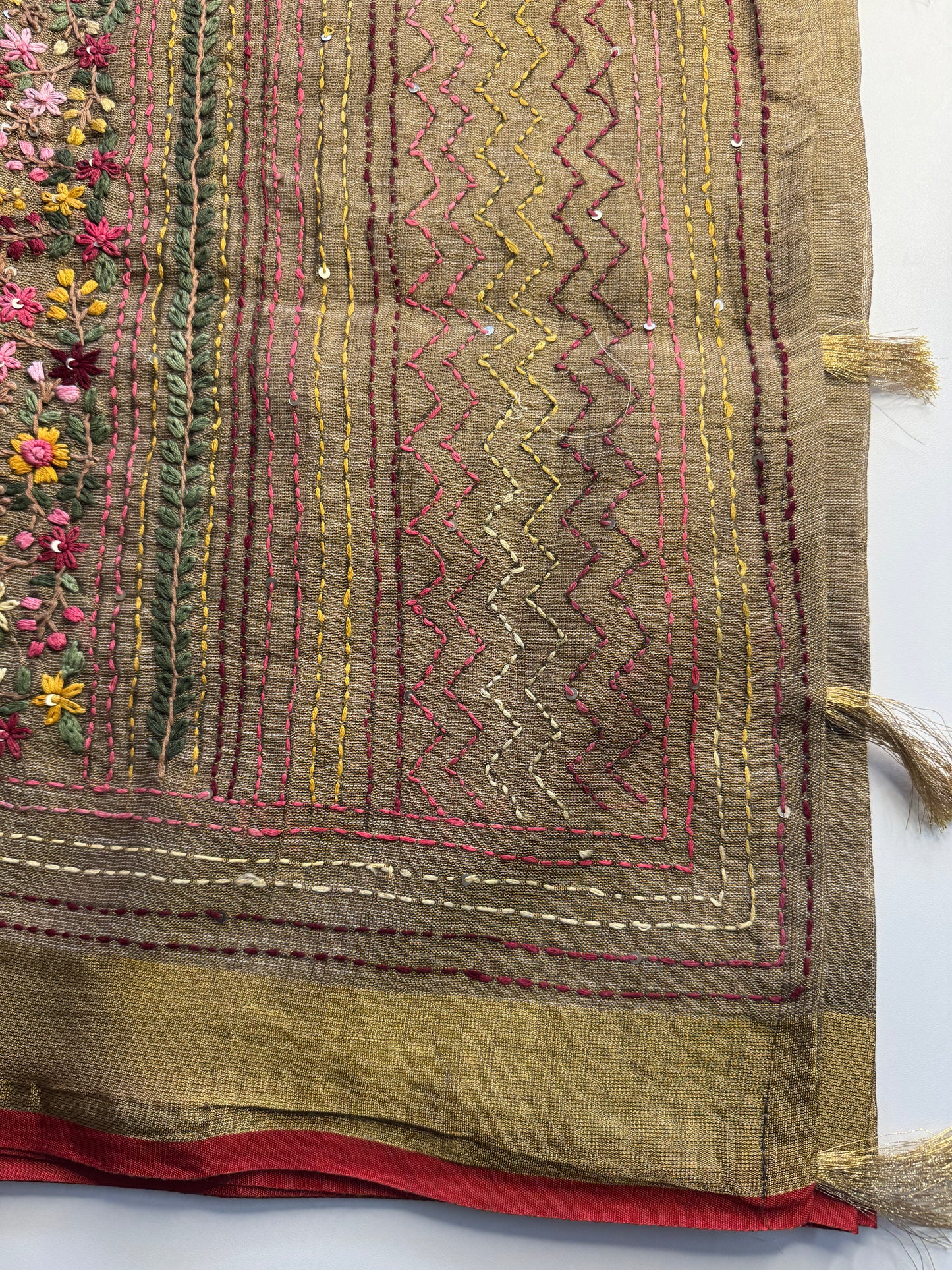 Brown French knot Hand Embroidered linen Saree