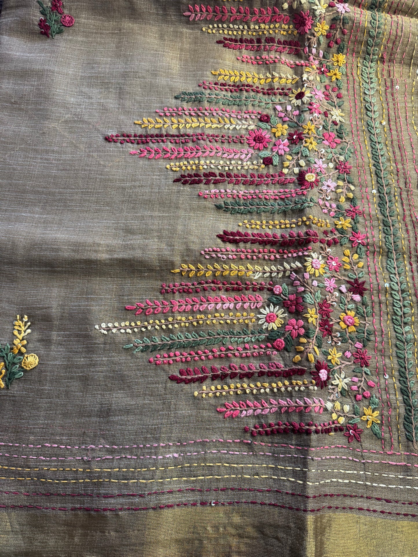 Brown French knot Hand Embroidered linen Saree