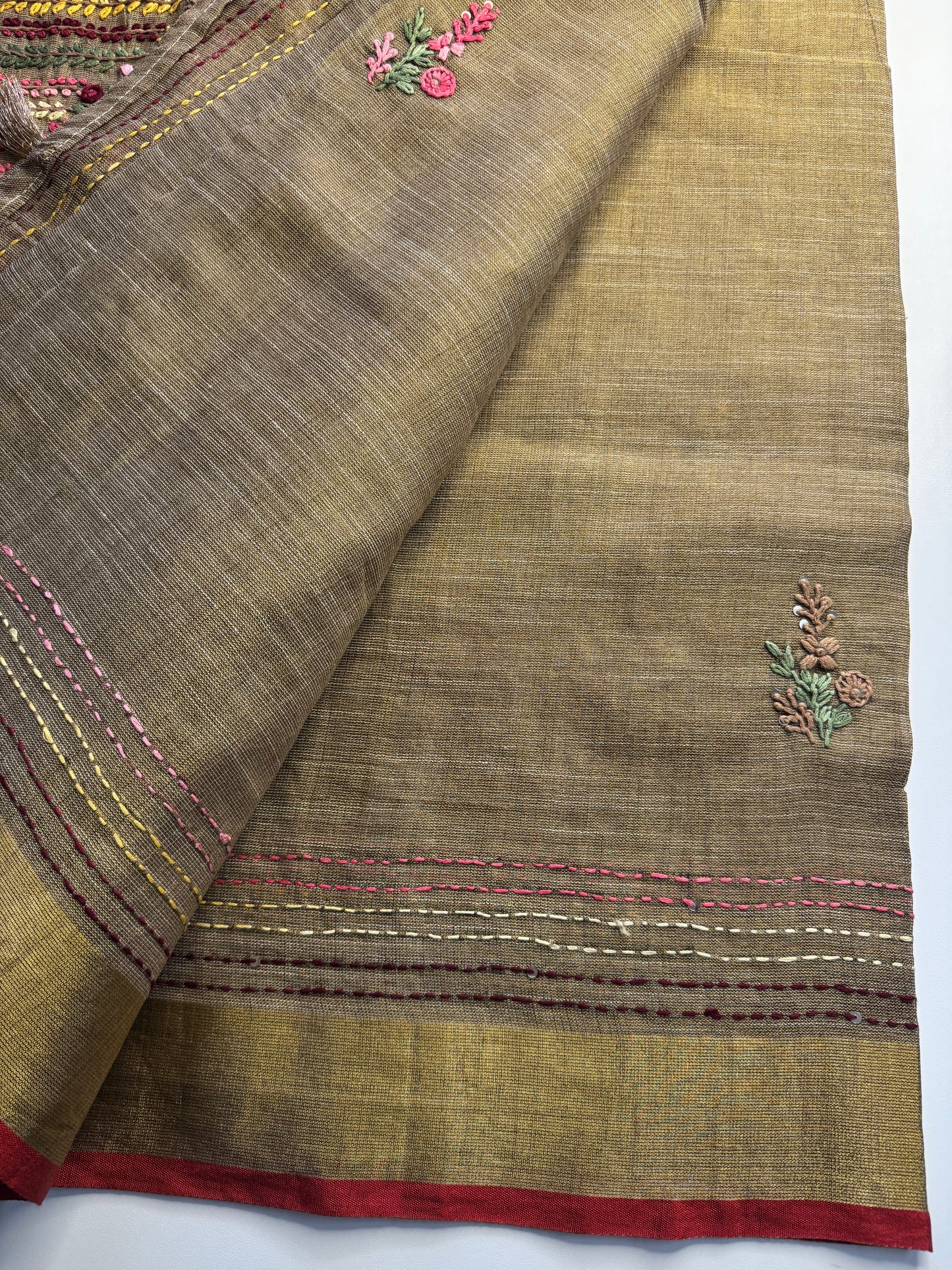 Brown French knot Hand Embroidered linen Saree