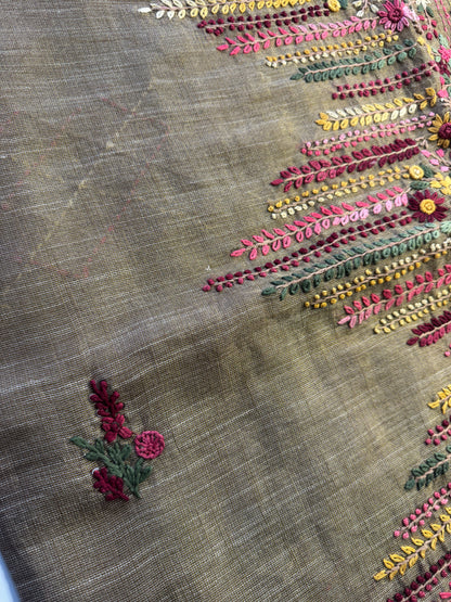 Brown French knot Hand Embroidered linen Saree