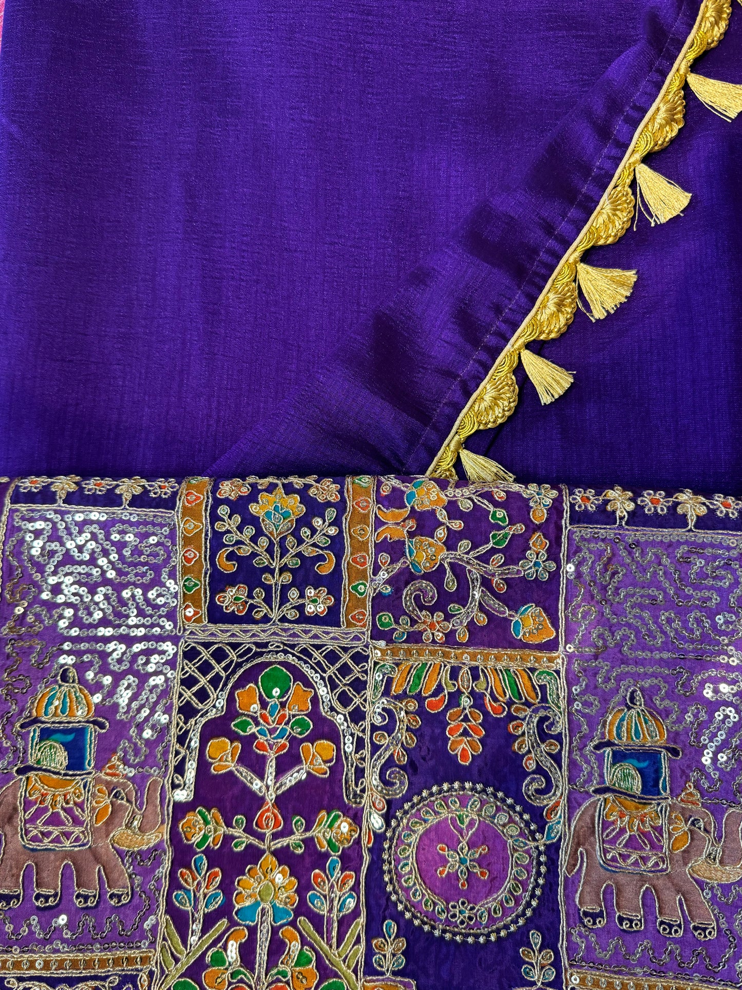 Purple Ambari Special Blouse Material + Kashmiri Silk Plain Saree (Gold Tassels)