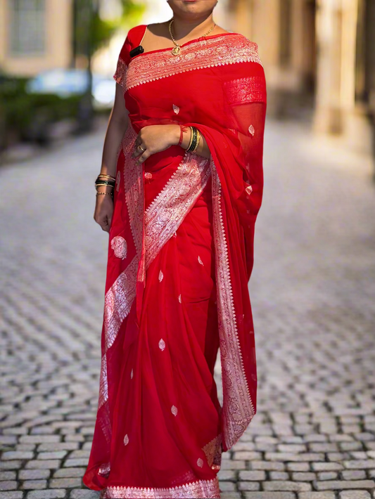 Red Khadi Banaras Pure Chiffon Saree